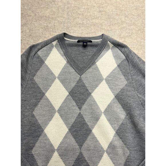 Banana Republic Merino Wool Argyle V-neck Sweater Large Office Preppy Grey - Picture 2 of 9